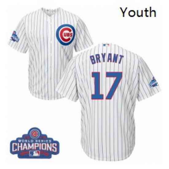 Youth Majestic Chicago Cubs 17 Kris Bryant Authentic White Home 2016 World Series Champions Cool Base MLB Jersey